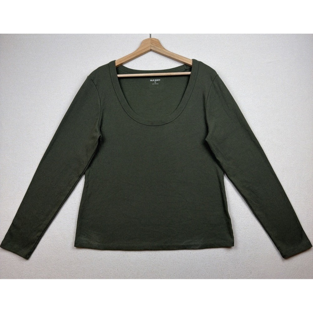 Old Navy Green Ribbed Scoop Neck Long Sleeve Blouse XL Top Preppy Stretch Snug‎